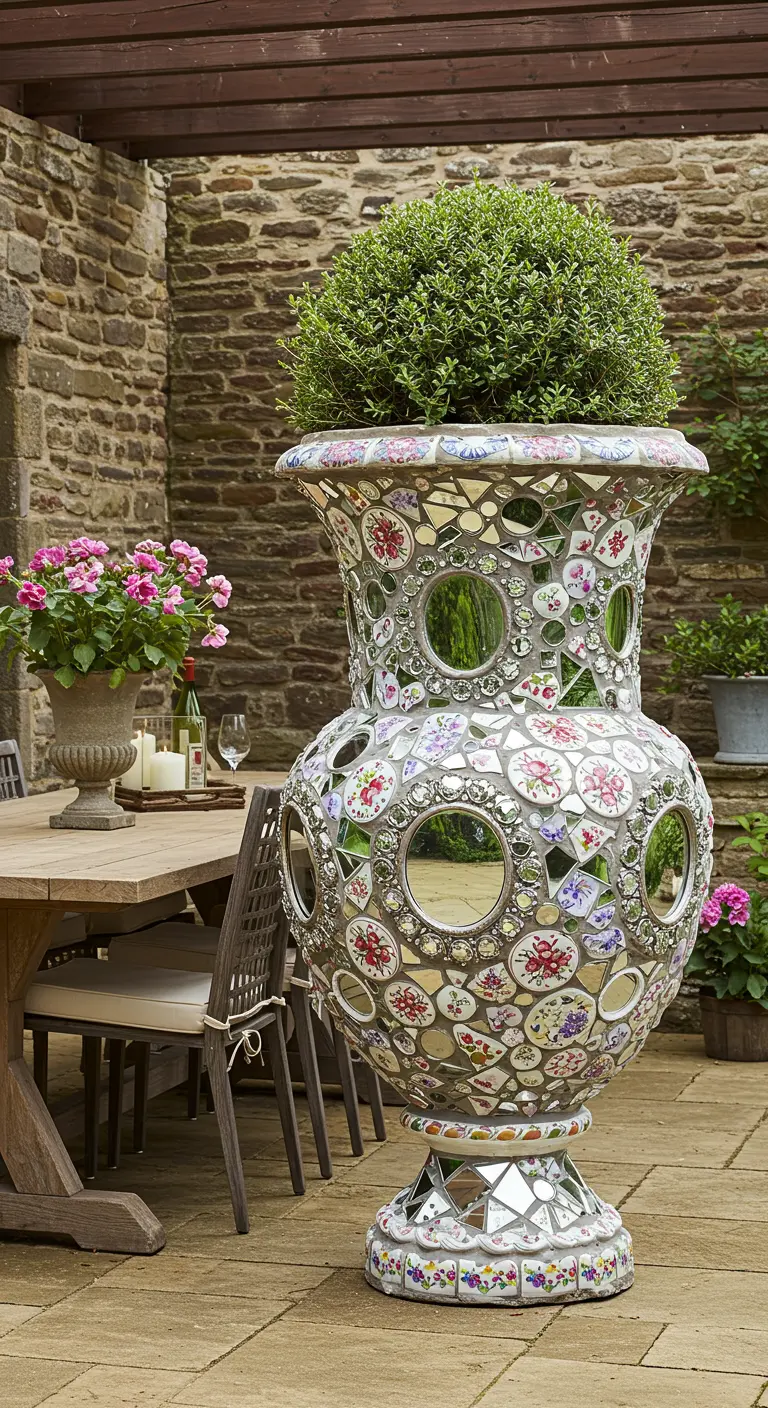Eine große, bauchige Mosaik-Vase mit Blumenmustern und Spiegeln, bepflanzt mit Buchsbaum.