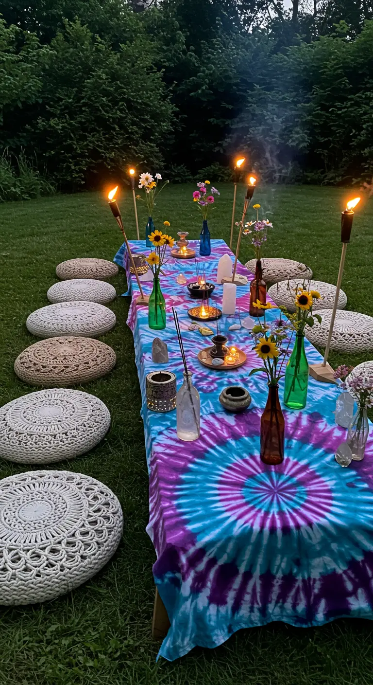 Tischläufer im lila-türkisen Batik-Look für eine Gartenparty mit Bodenkissen.