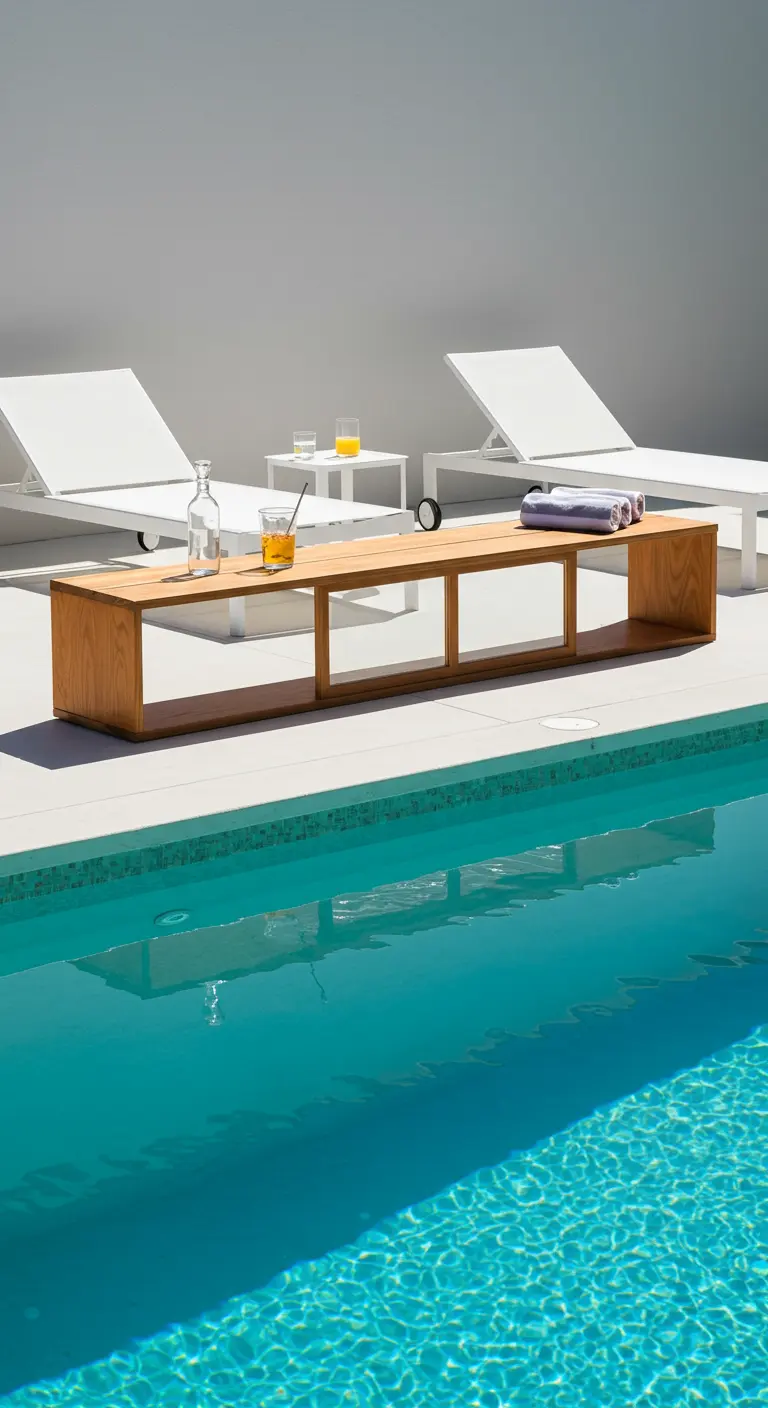 Moderne, niedrige Holzbank aus einer glatten Tür am Rand eines Swimmingpools.