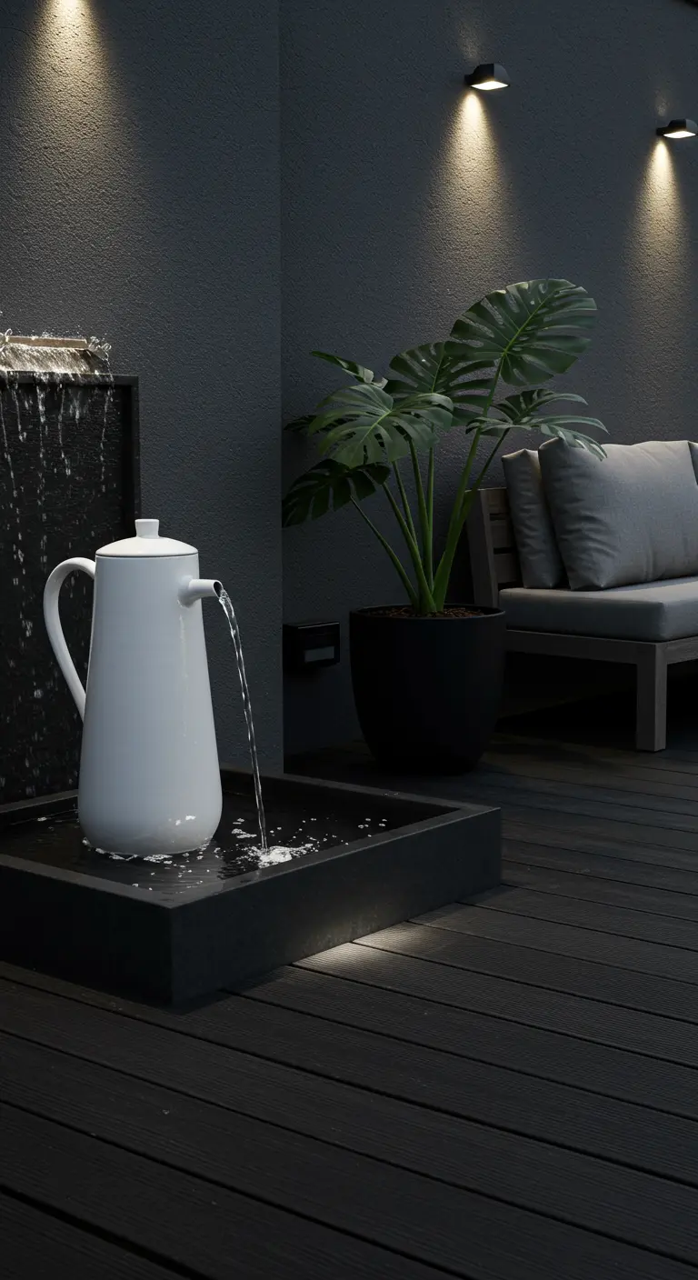 Minimalistischer weißer Teekannen-Brunnen auf einer modernen, dunklen Terrasse.