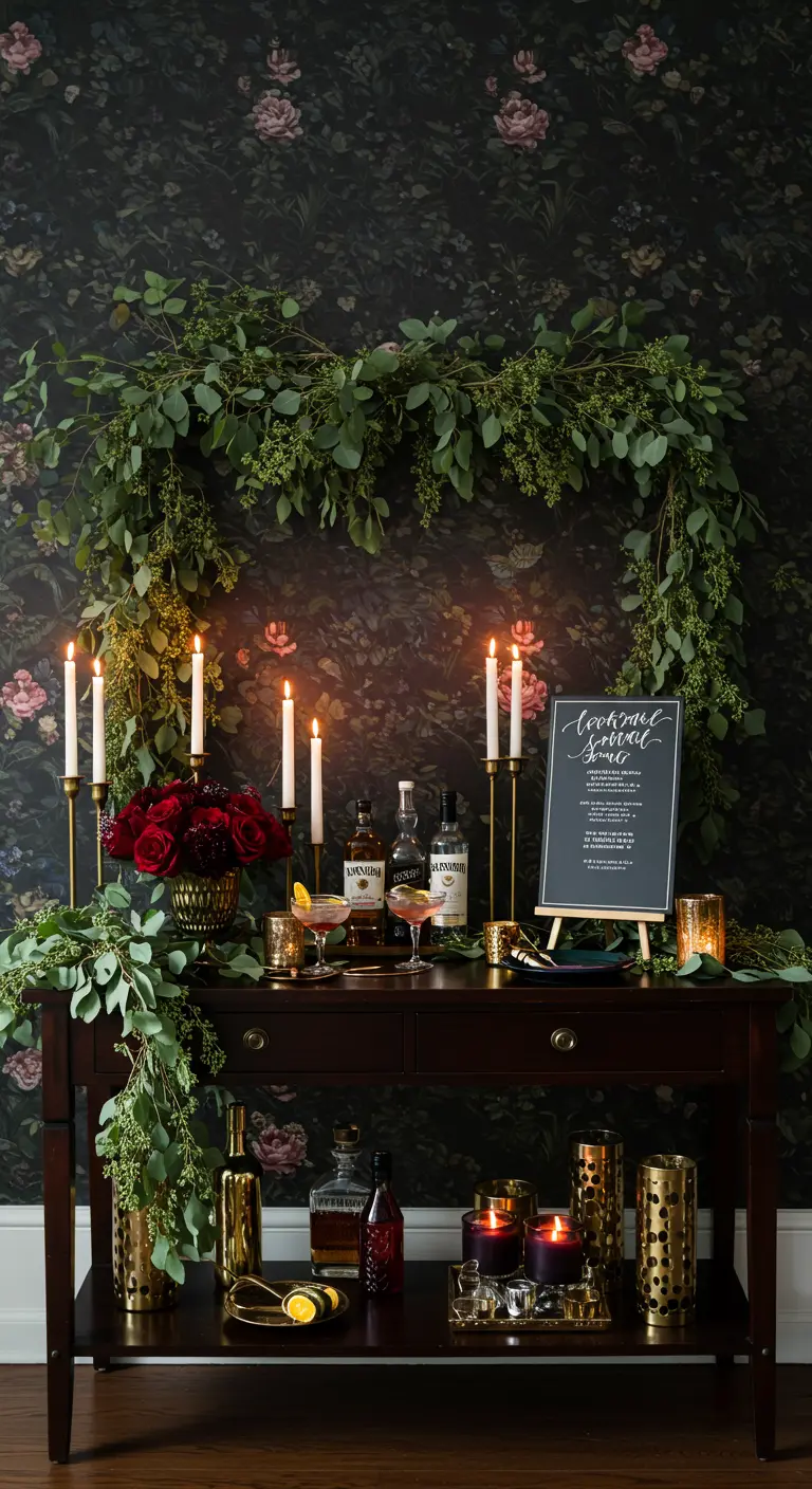 Dunkles Sideboard als Bar, umrahmt von einer Eukalyptusgirlande und Kerzenlicht.