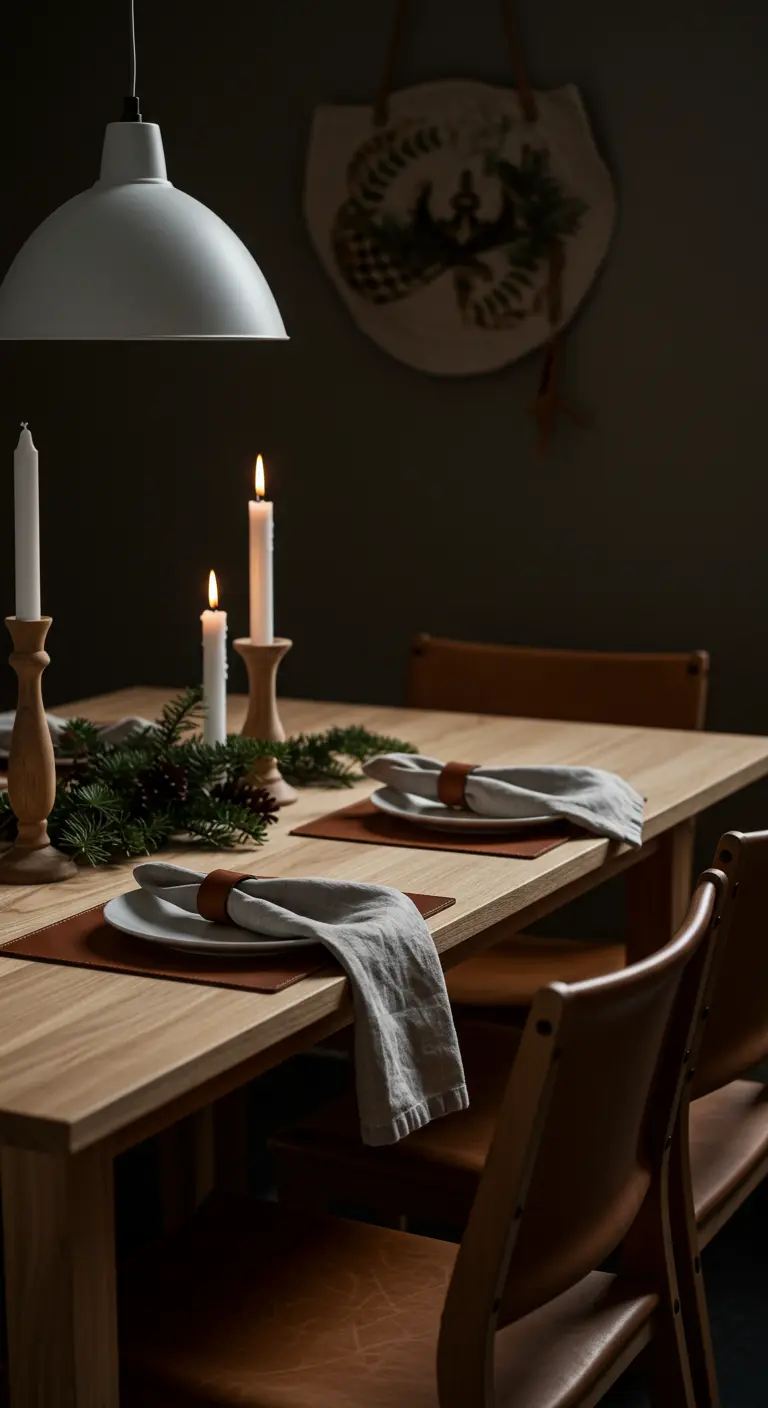 Minimalistische Tischdeko mit Holz-Kerzenhaltern und Leder-Platzsets.