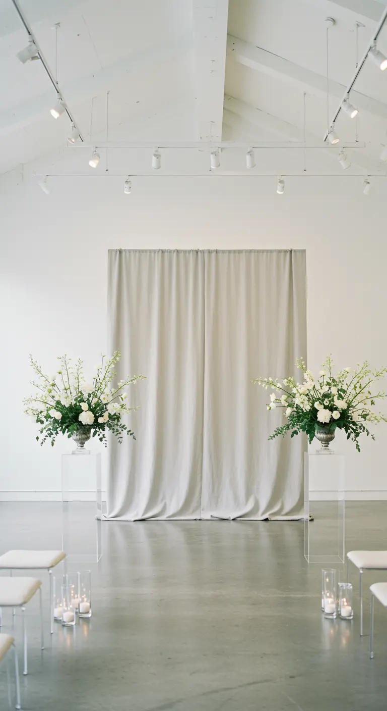 Minimalistischer Hochzeitsaltar mit einem einfachen, grauen Stoffvorhang und zwei großen Blumenarrangements