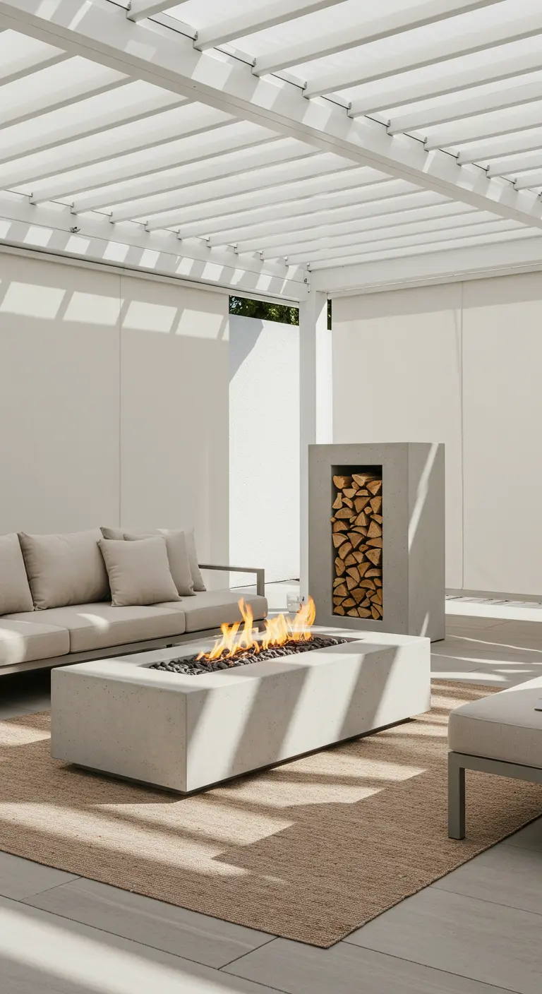 Helle, minimalistische Beton-Feuerstelle in einem überdachten Außenbereich.