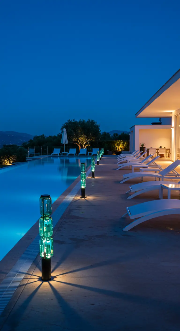 Ein moderner Poolbereich bei Nacht, beleuchtet von türkisfarbenen Solar-Flaschenleuchten.