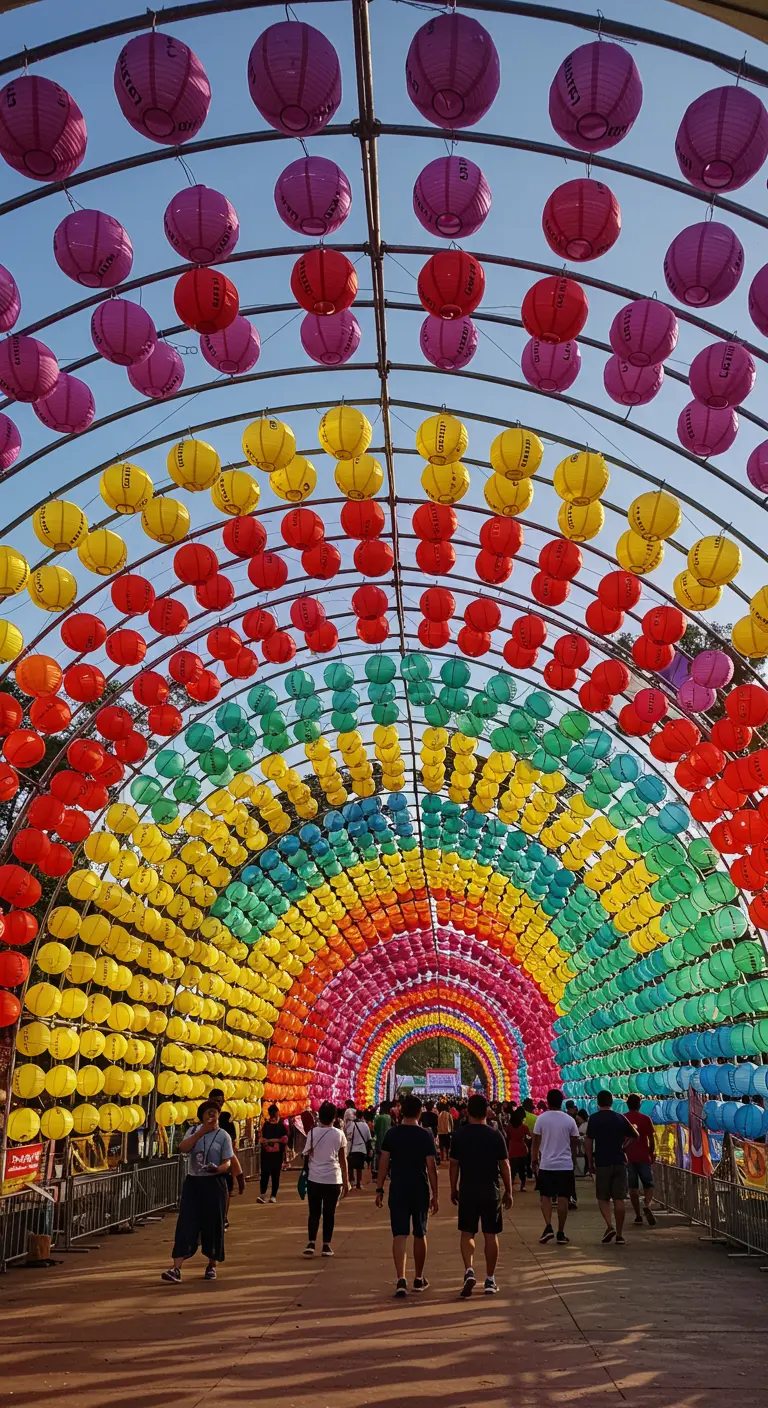 Ein langer, gewölbter Tunnel, der vollständig aus bunten Papierlampions in Regenbogenfarben besteht.