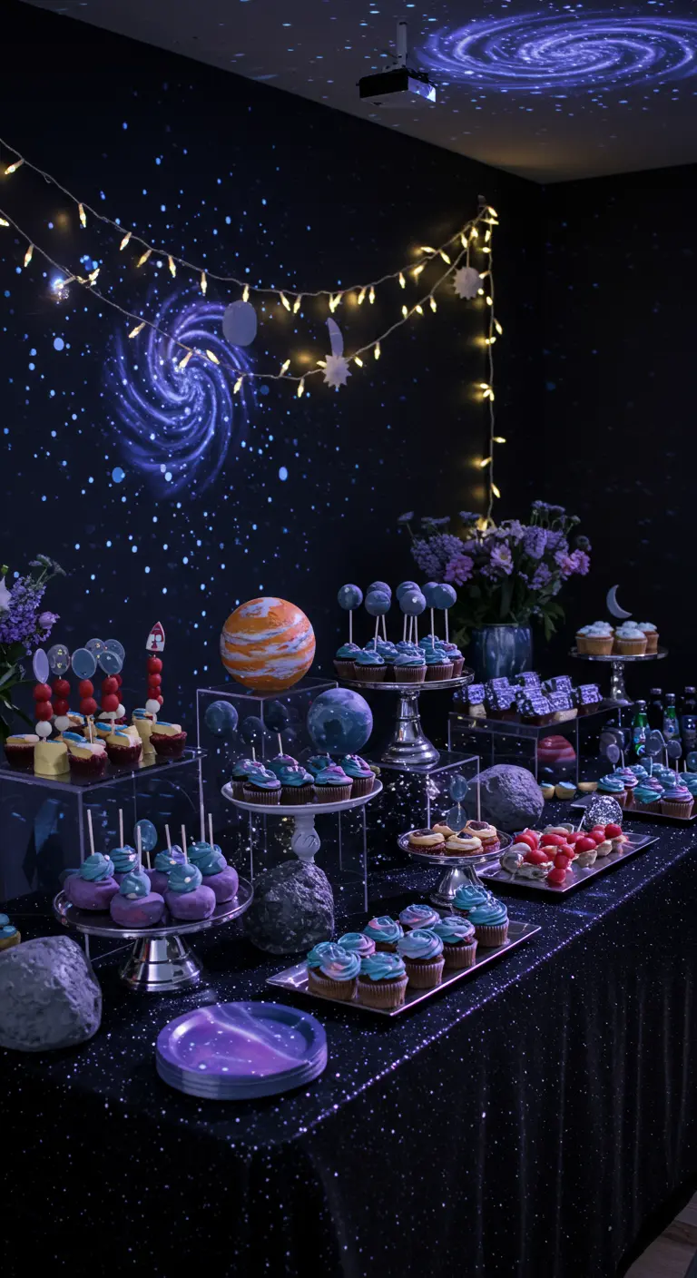 Weltraum-Buffet mit Planeten-Deko, Lichterketten und galaktischen Leckereien vor Sternenhimmel