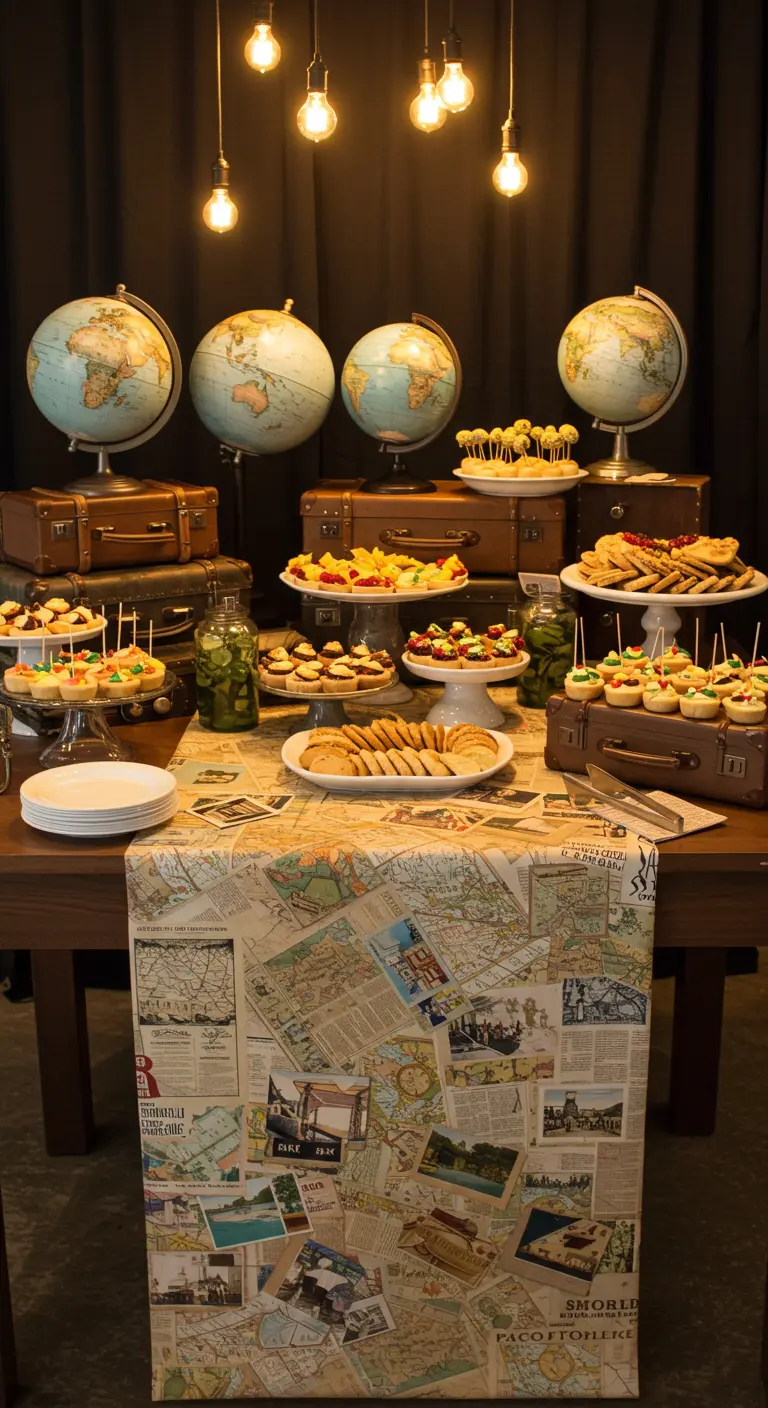 DIY-Tischläufer aus einer Collage alter Landkarten für ein Dessertbuffet.