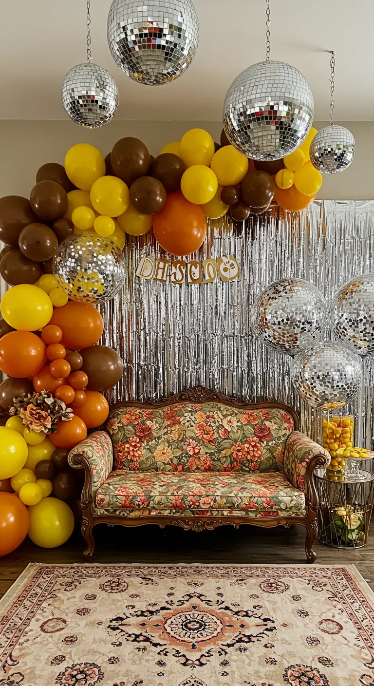 Ballonbogen in 70er-Jahre-Farben mit Discokugeln und einem Vintage-Sofa