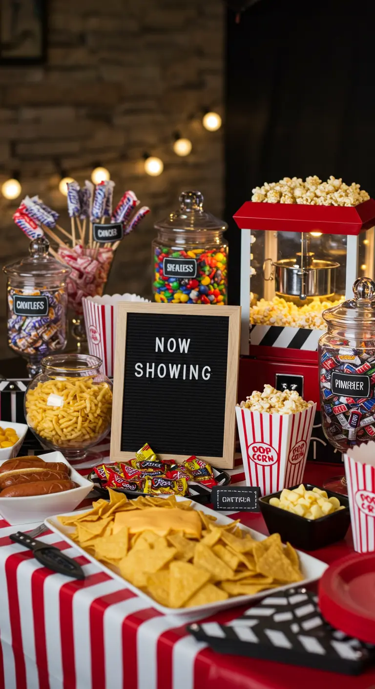 Kino-Snackbar mit Popcornmaschine, Bonbongläsern und einer Buchstabentafel