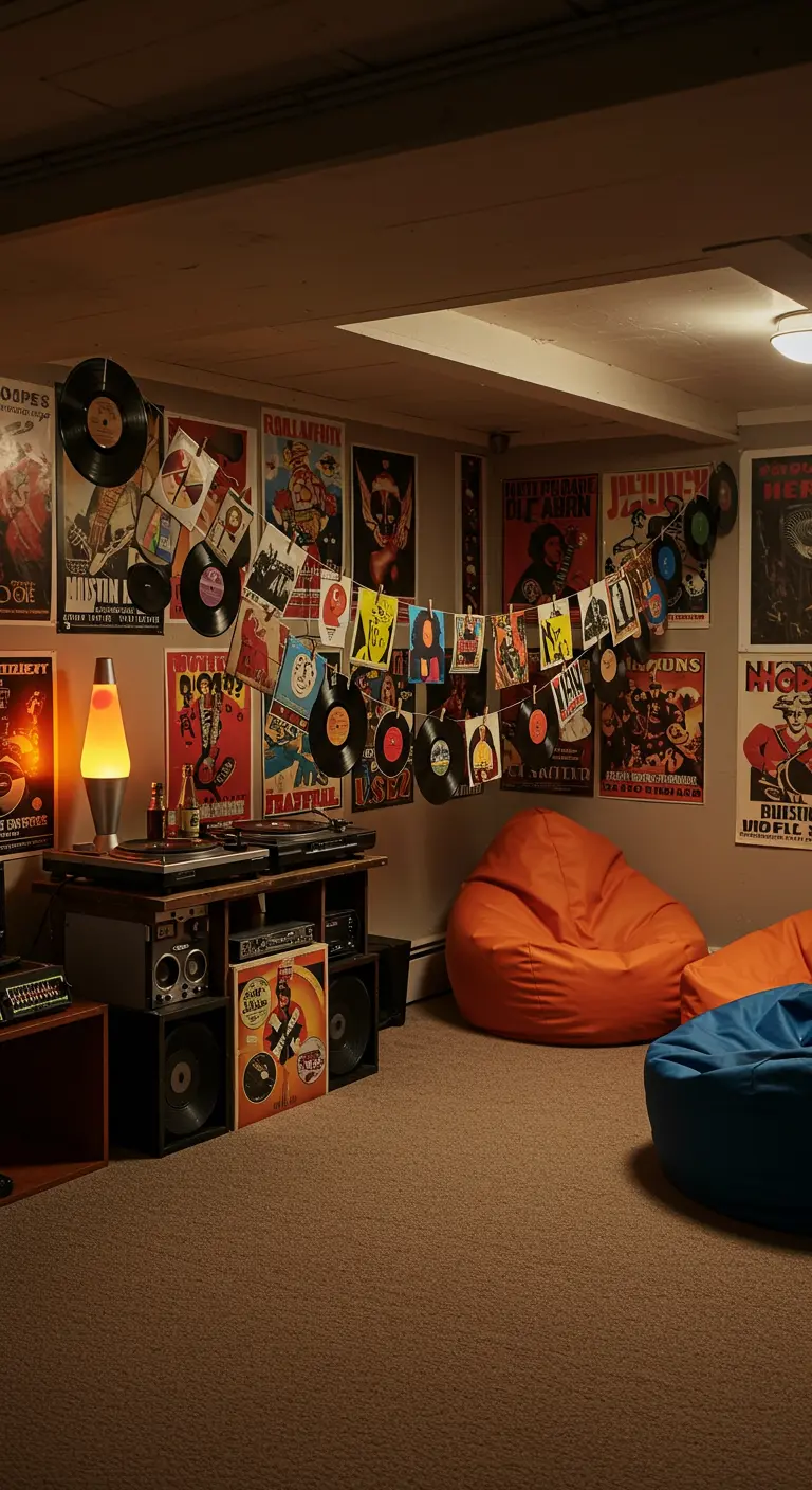 Girlande aus alten Schallplatten und Plattencovern in einem Partykeller.