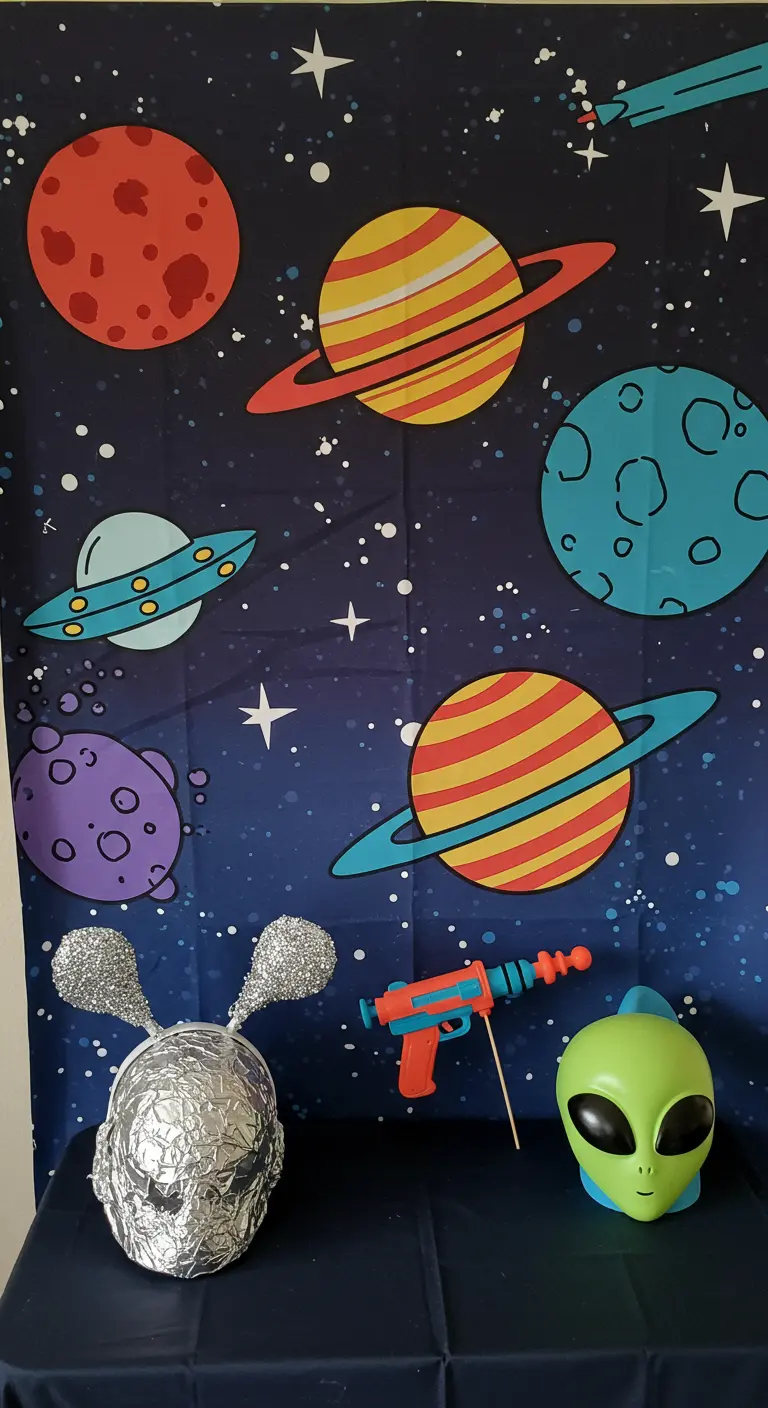 Ein Weltraum-Fotohintergrund mit Planeten und lustigen Alien-Requisiten.