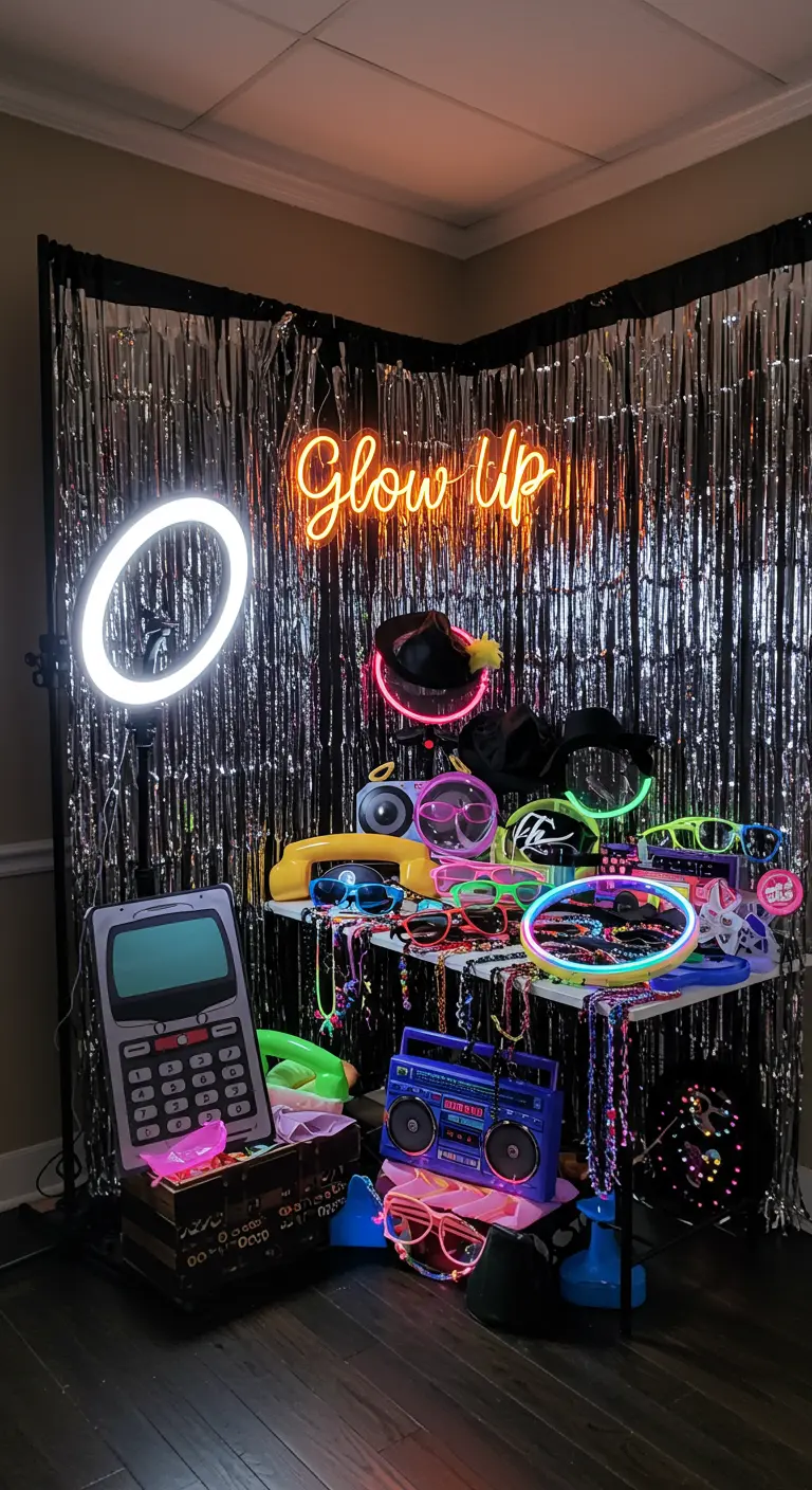 Eine Fotoecke mit silbernem Vorhang, Neon-Schriftzug und einem Tisch voller leuchtender Accessoires.
