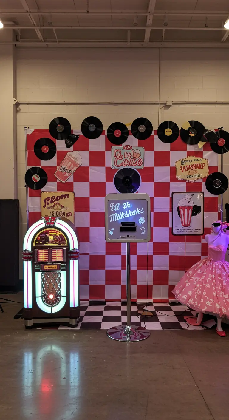 50er-Jahre-Diner-Fotobooth mit Jukebox und rot-weiß kariertem Hintergrund.