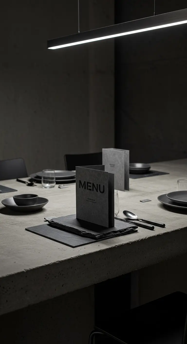 Minimalistischer Betontisch mit Tischsets aus Schieferplatten und schwarzer Menükarte.