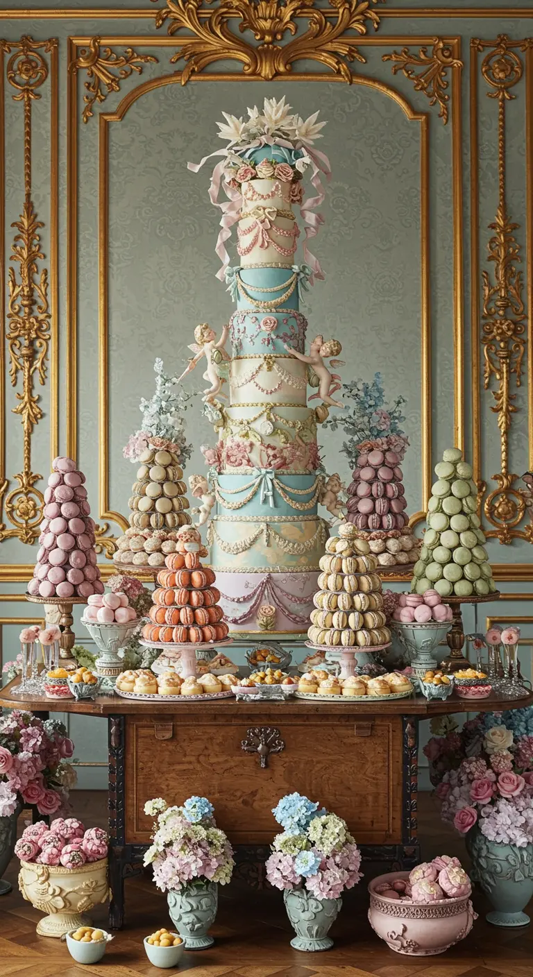 Opulente Rokoko-Torte, umgeben von Macaron-Türmen und Blumen in einem prunkvollen Raum.