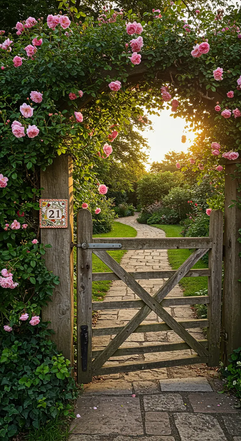 Mosaik-Hausnummer 21 an einem Holzpfosten, umrankt von blühenden rosa Rosen an einem Gartentor.