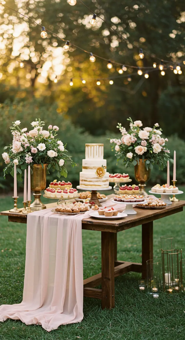 Romantischer Desserttisch im Garten mit rosa Tischläufer, Goldvasen und Lichterketten
