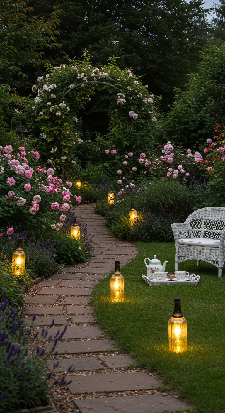 Ein gewundener Weg durch einen blühenden Rosengarten, beleuchtet von warmen Flaschenlichtern.