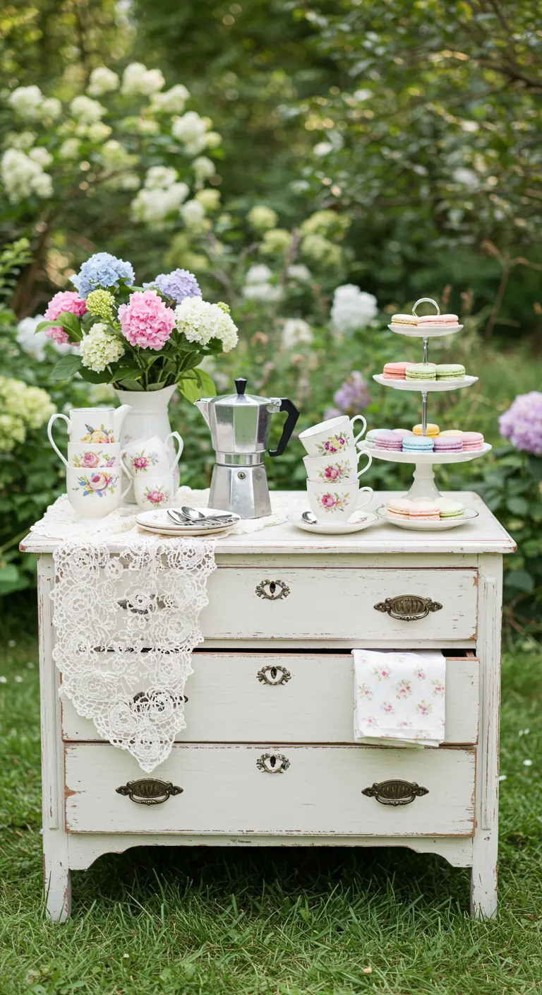 Weiße Vintage-Kommode im Garten, als Kaffeebar mit Hortensien und Macarons dekoriert.