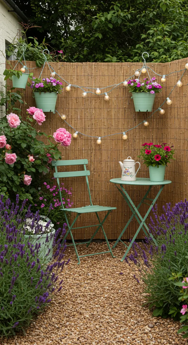 Romantische Gartenecke mit Bambuswand, pastellgrünen Möbeln und blühenden Rosen sowie Lavendel.