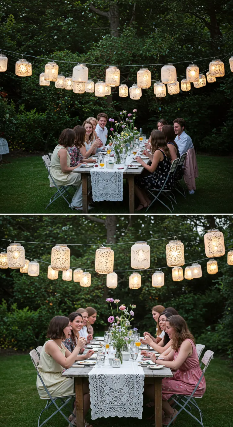 Eine Lichterkette aus mit Spitze verzierten Einmachgläsern hängt über einem Gartentisch.