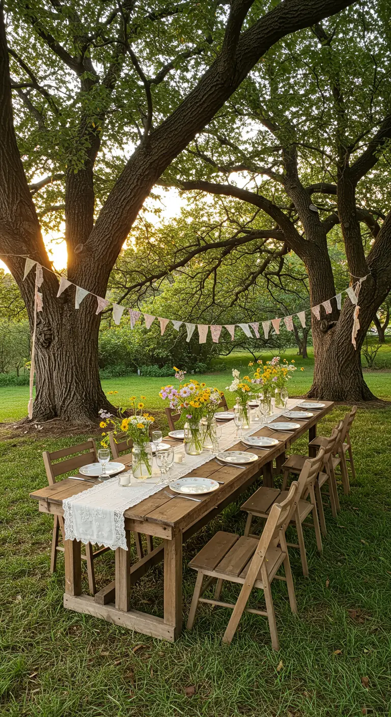 Lange, rustikale Holztafel unter Bäumen, geschmückt mit einer pastellfarbenen Stoffwimpelkette.