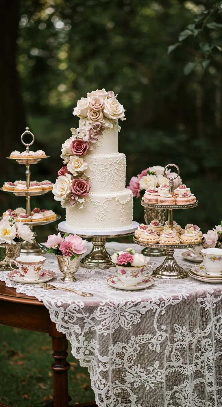 Mehrstöckige Hochzeitstorte mit Rosen auf einem Spitzentischtuch im Freien.