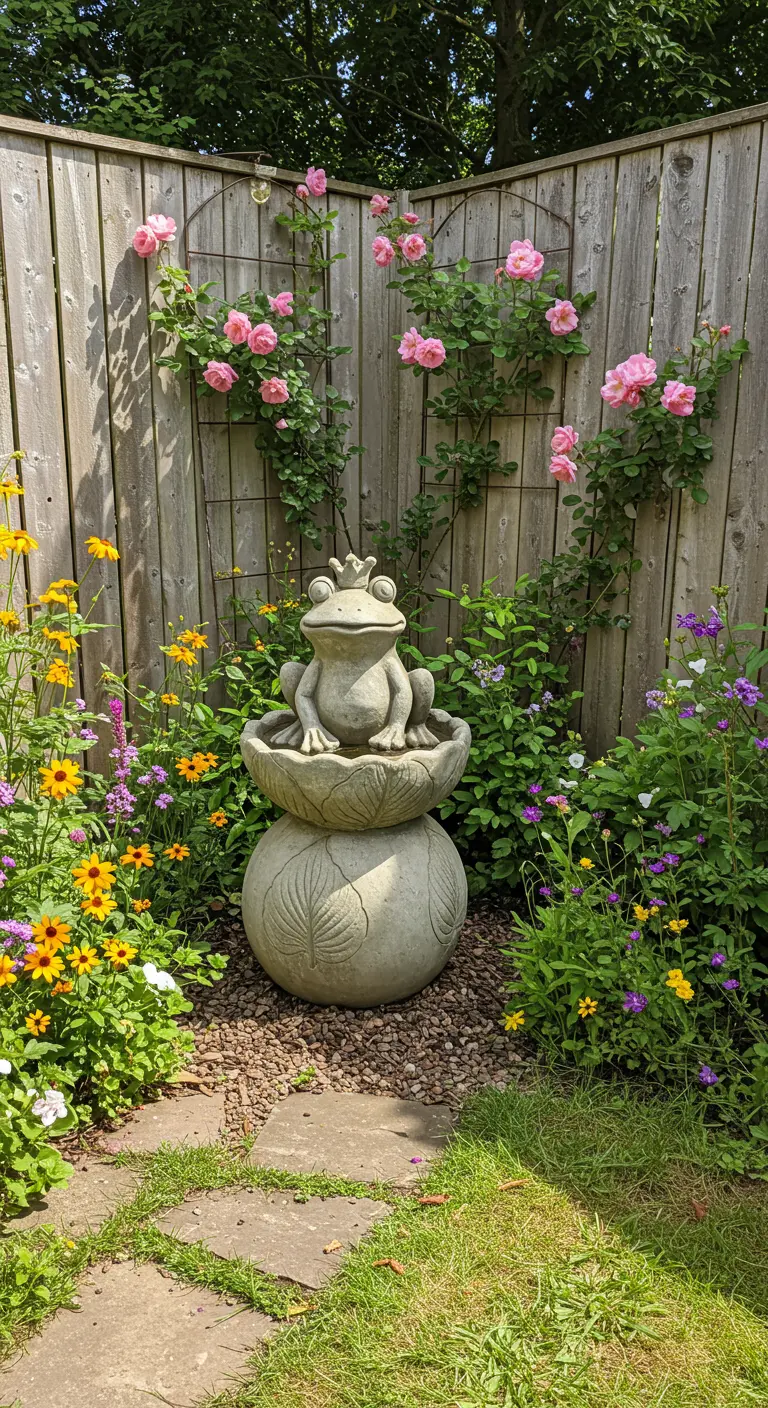 Ein Froschbrunnen aus hellem Beton vor einem Holzzaun mit rankenden rosa Rosen.