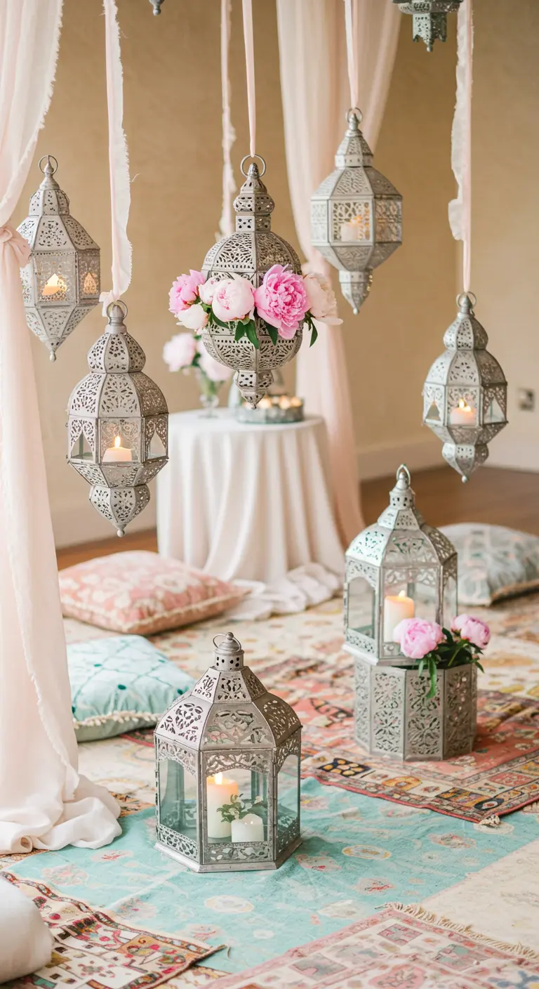 Silberne marokkanische Laternen, dekoriert mit rosa Pfingstrosen und Bändern.