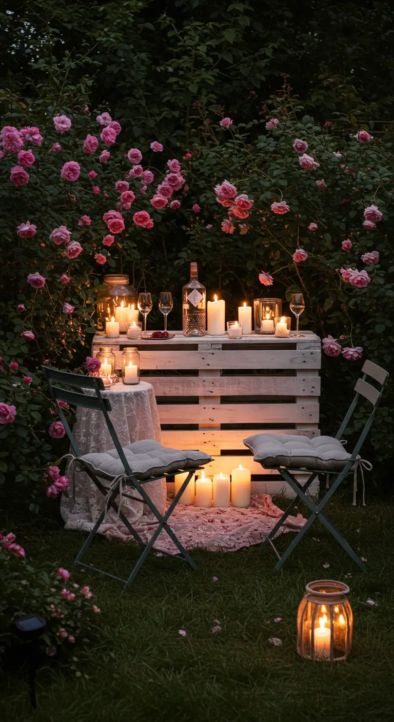 Weiß gestrichene Palettenbar inmitten eines Rosenbusches mit vielen Kerzen.
