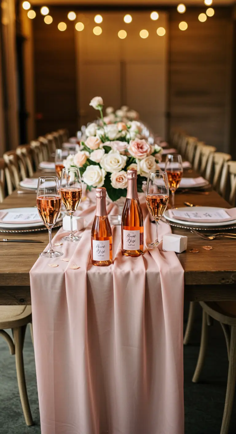 Eleganter Holztisch mit rosa Tischläufer, Rosen und personalisierten Rosé-Flaschen.