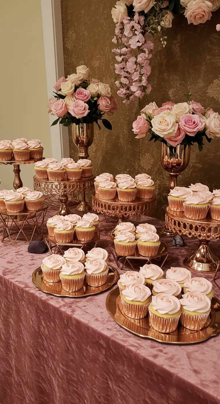 Üppiger Desserttisch mit rosa Samtdecke, Roségold-Ständern und rosa Cupcakes.