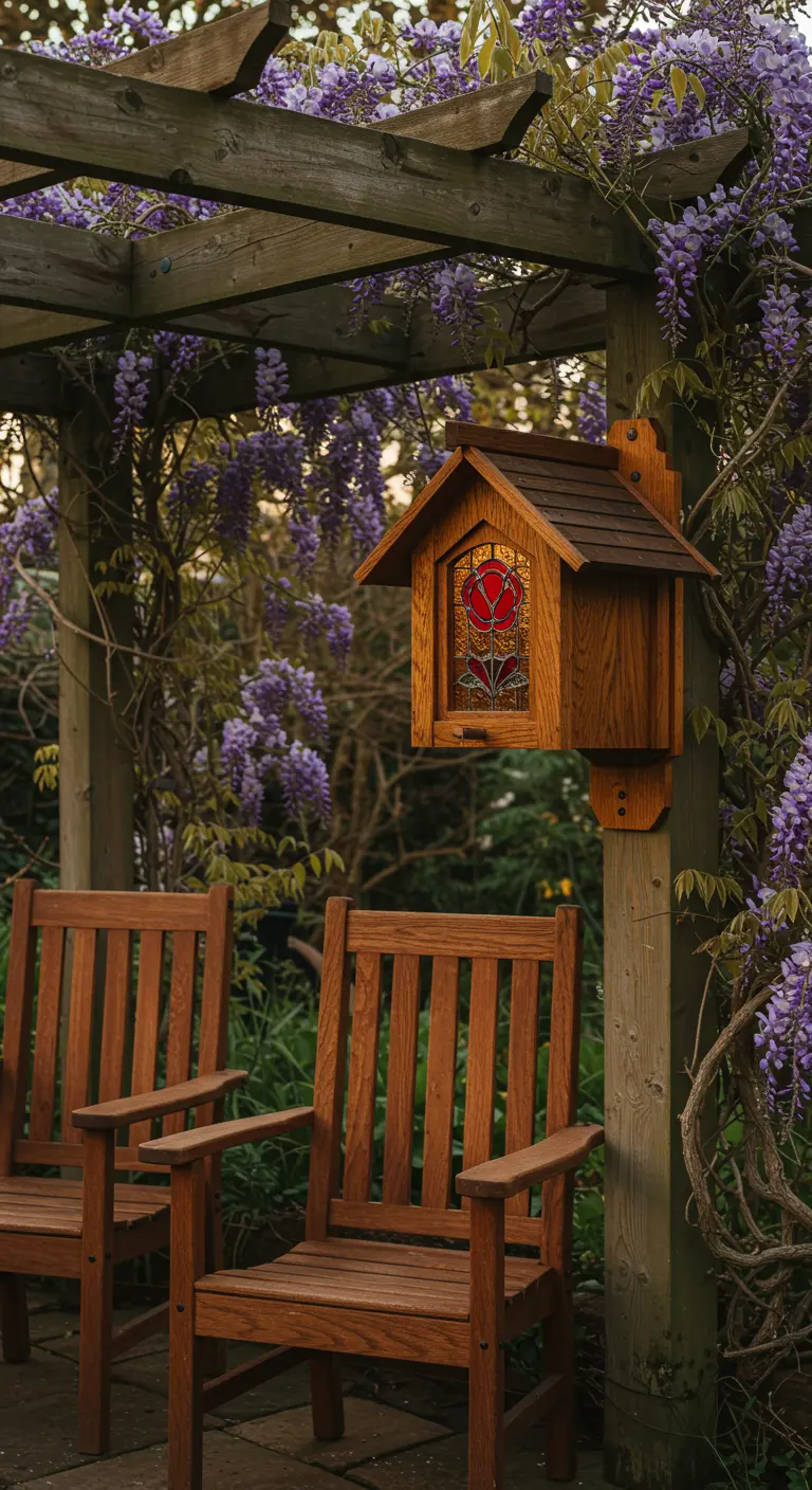 Holzvogelhaus mit einem Buntglasfenster, das eine rote Rose zeigt, an einer blühenden Pergola.