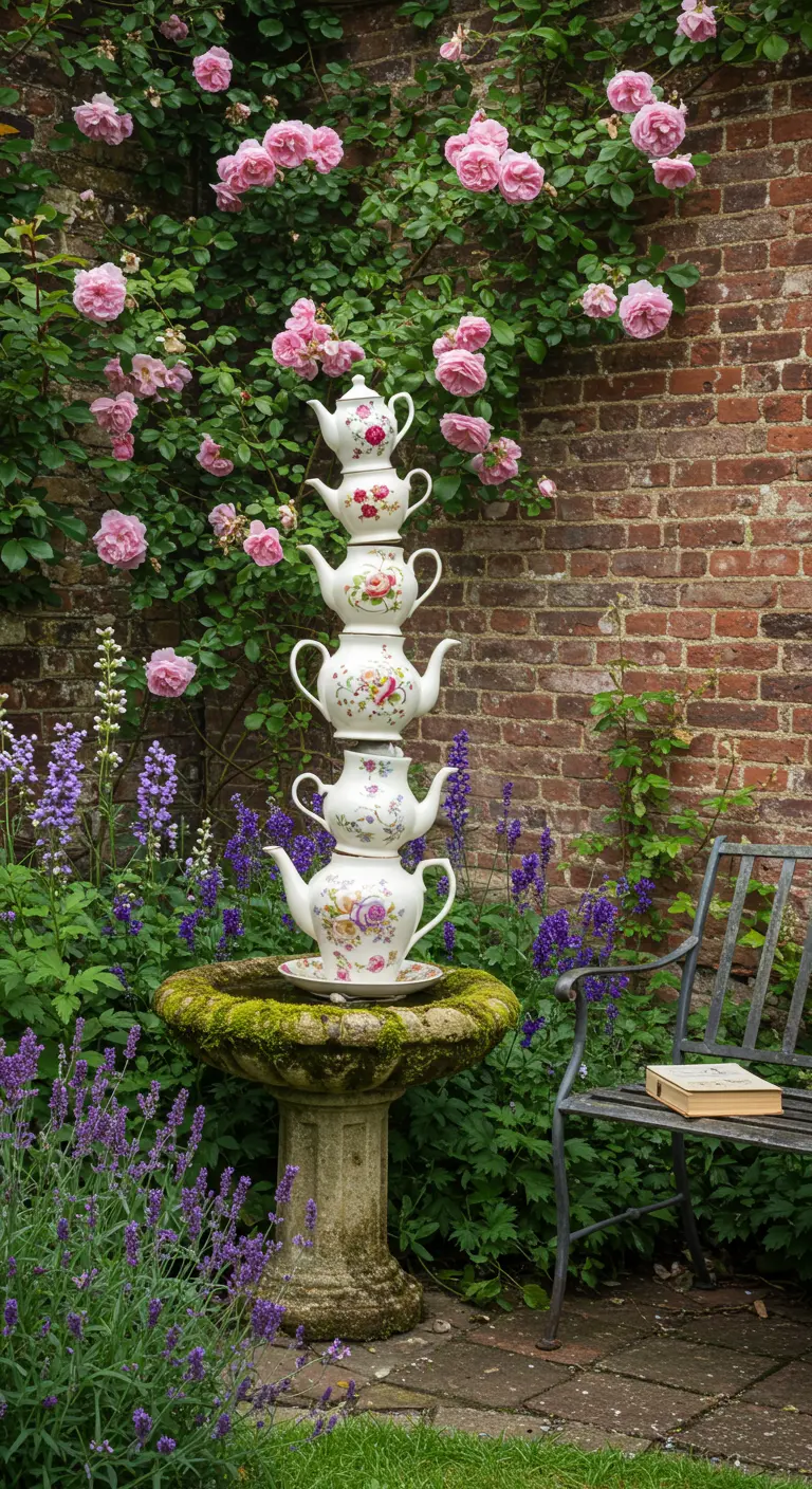 Turm aus gestapelten Blumenteekannen als Brunnen in einem romantischen Garten.