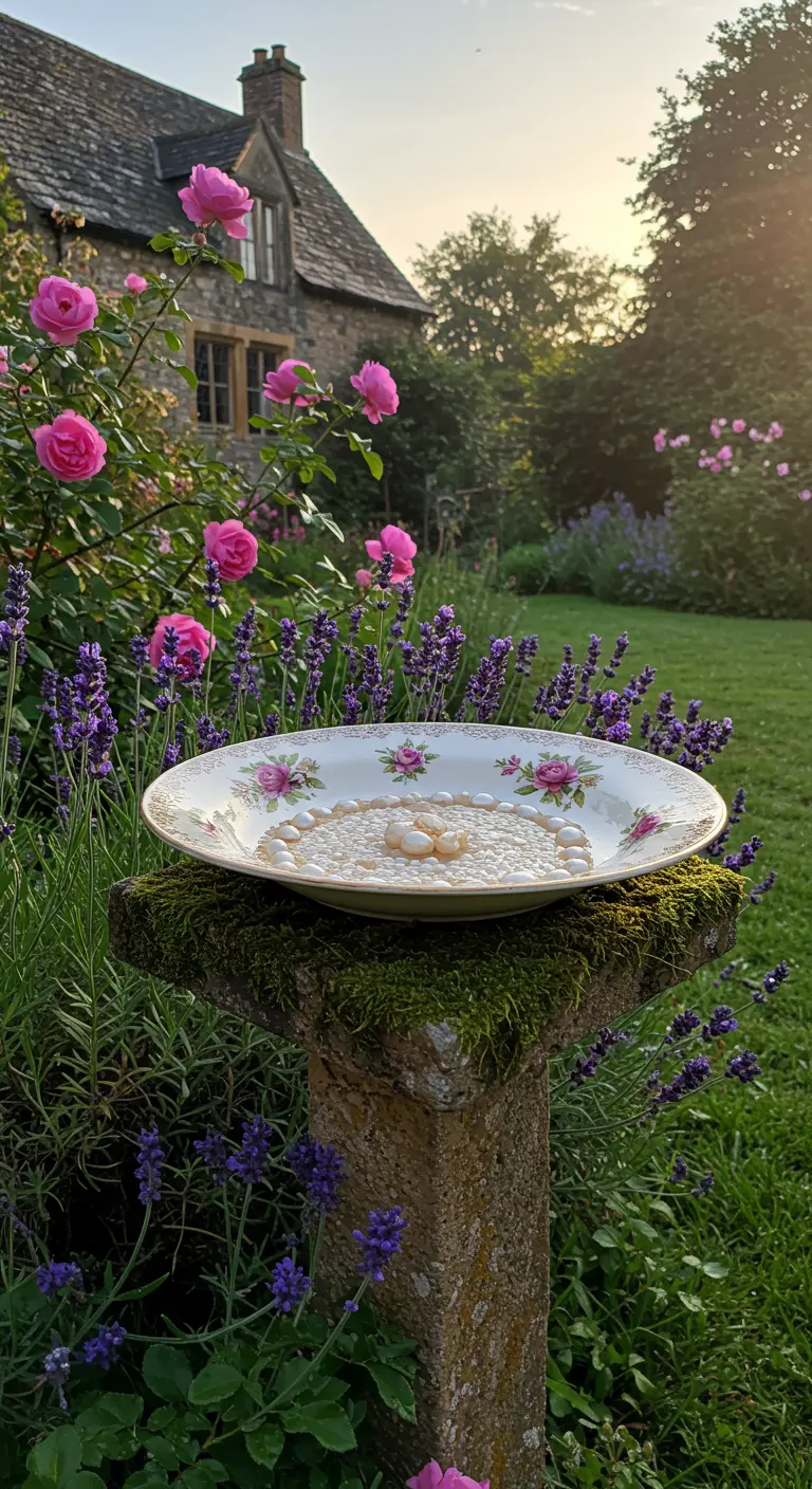 Vogeltränke aus altem Rosenteller auf einem moosbewachsenen Steinsockel im Garten.