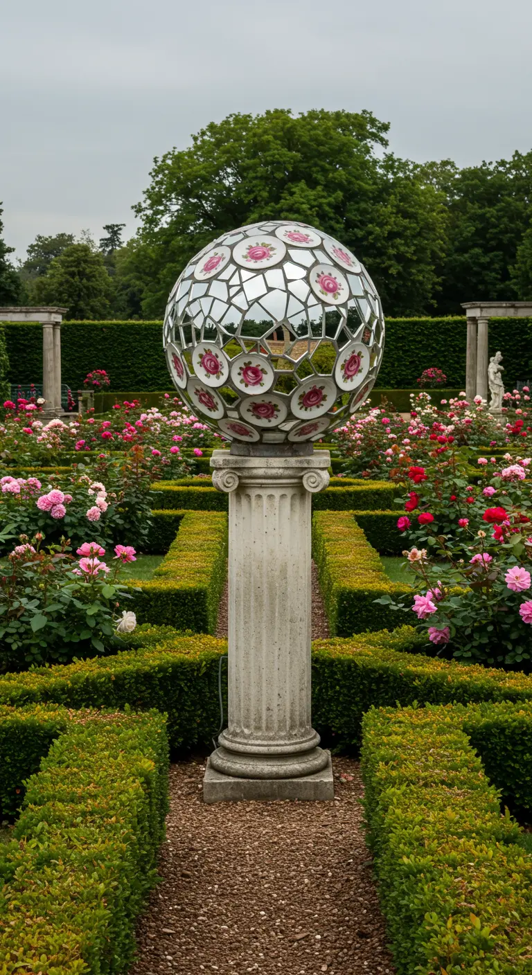 Eine Mosaikkugel mit Rosentellern und Spiegeln auf einer Steinsäule in einem Rosengarten.