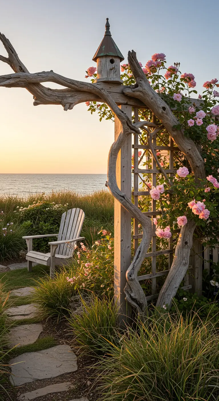 Treibholz-Rankhilfe mit Rosen und Vogelhaus bei Sonnenuntergang am Meer.