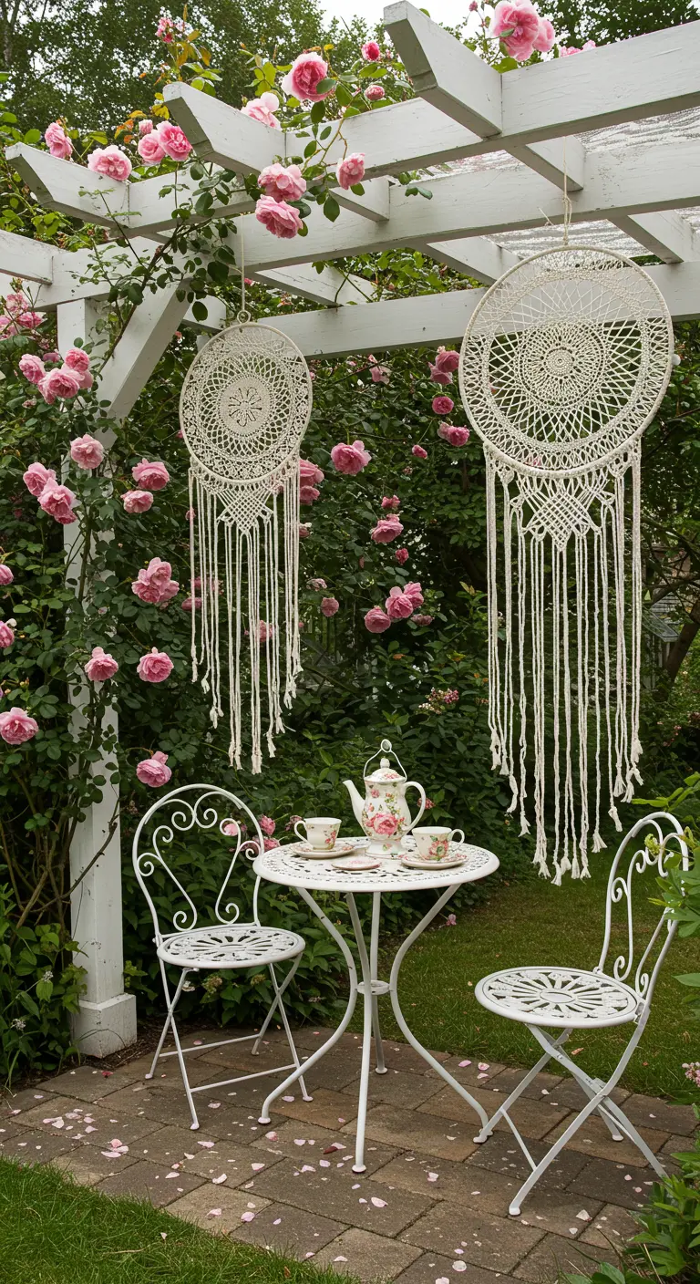 Zwei große Makramee-Traumfänger an einer weißen Pergola, umrankt von rosa Rosen.