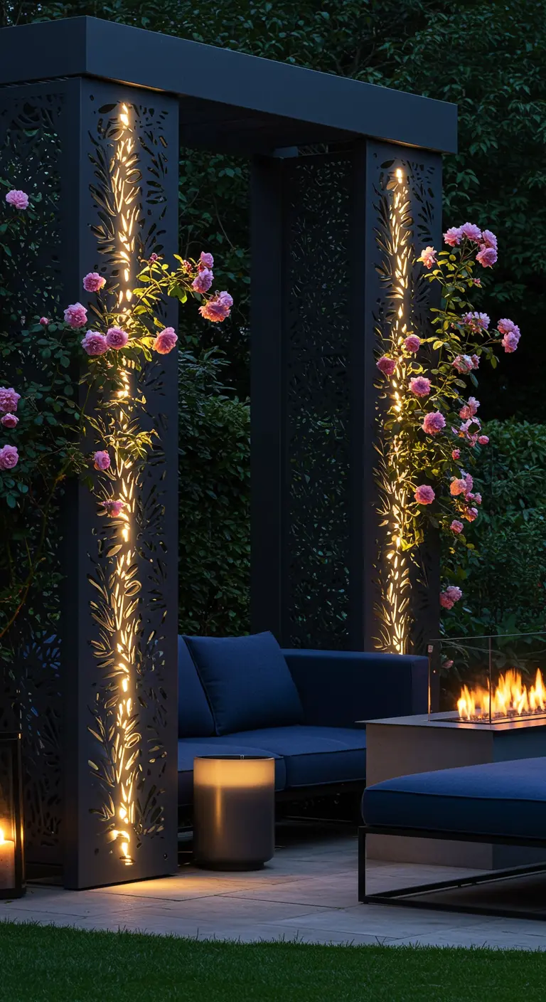 Dunkle, gemusterte Metallsäulen mit integrierter LED-Beleuchtung und rosa Kletterrosen bei Nacht.