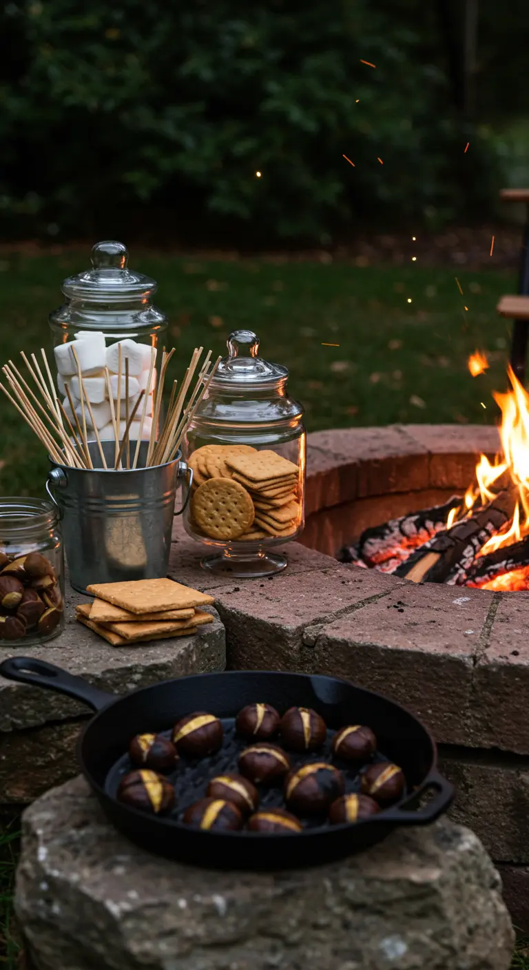 Eine Feuerstelle mit Zutaten für S'mores und einer Pfanne mit gerösteten Maronen.