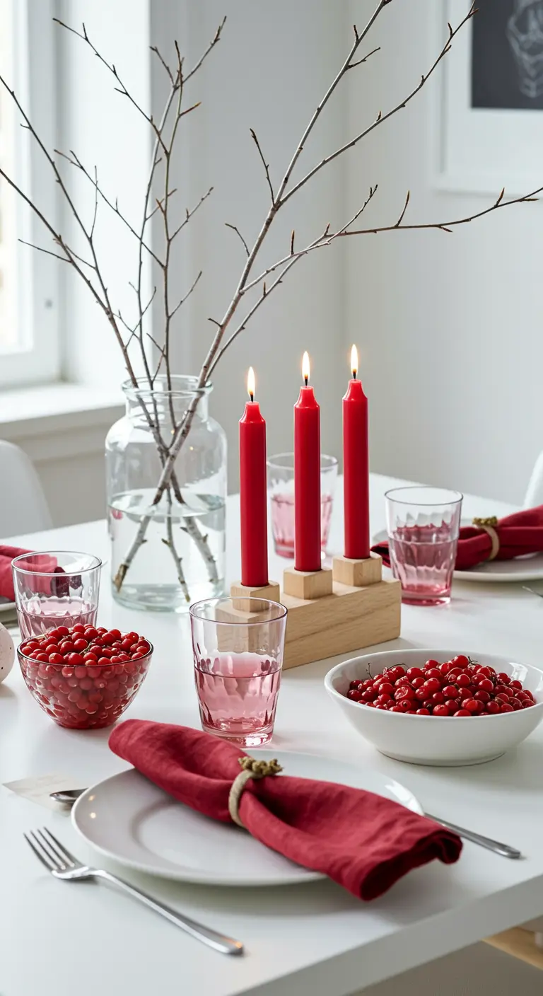 Skandinavische Tischdeko in Weiß mit roten Servietten, Beeren und kahlen Ästen.
