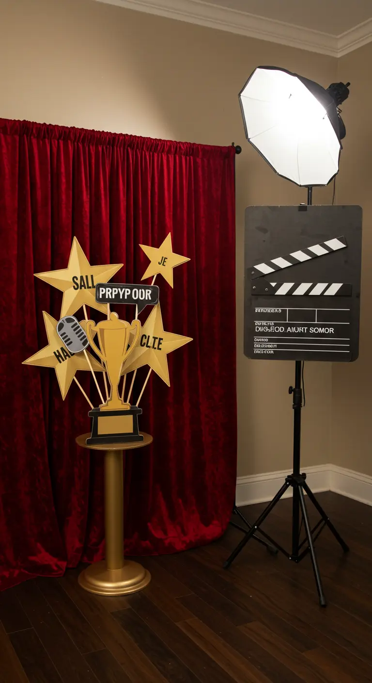 Hollywood-Photobooth mit rotem Samtvorhang, Filmklappe und goldenen Trophäen-Requisiten