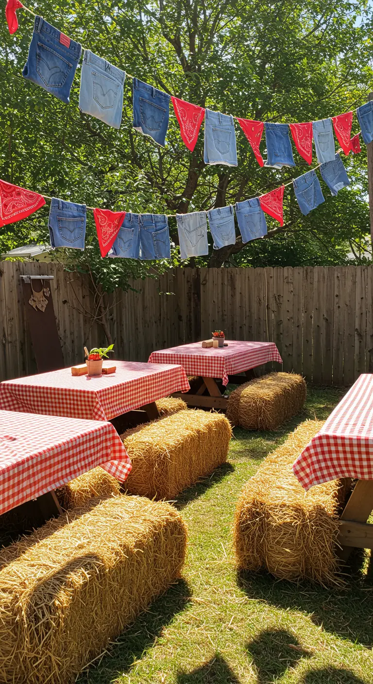 Eine Girlande aus alten Jeanstaschen und roten Bandanas hängt über Picknicktischen mit Strohballen-Sitzen.