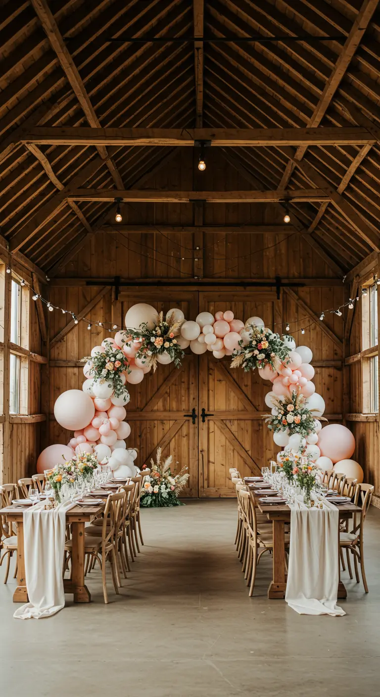Üppiger Ballonbogen mit Blumen in einer rustikalen Holzscheune, der zwei lange Esstische einrahmt.