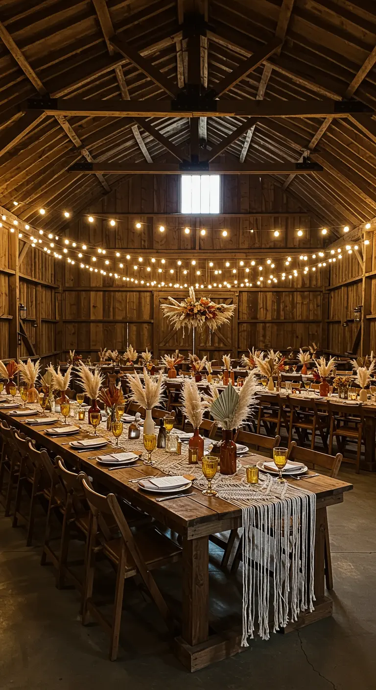 Lange Holztische mit Makramee-Läufern und Pampasgras-Deko in einer rustikalen Scheune