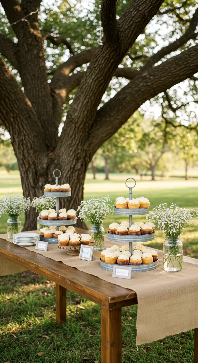 Rustikaler Cupcake-Tisch im Freien mit Etageren und Schleierkraut unter einem Baum.