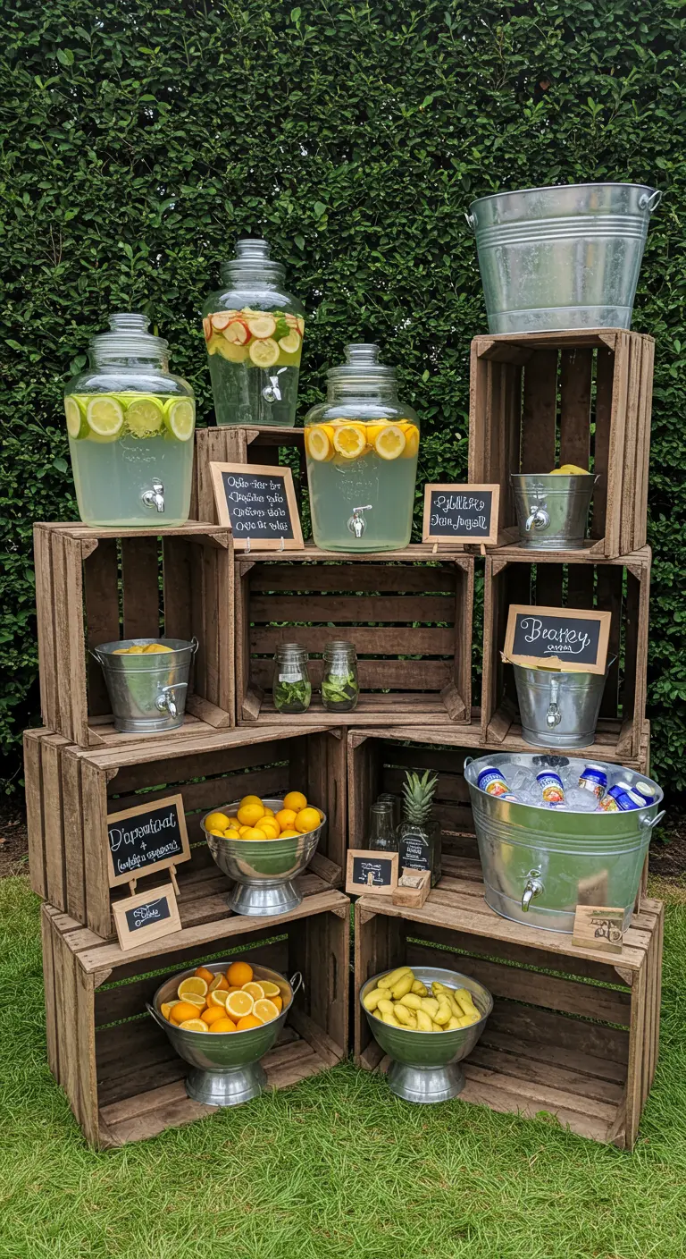 Eine gestapelte Wand aus Holzkisten dient als Getränkestation mit Limonadenspendern und Zinkeimern.