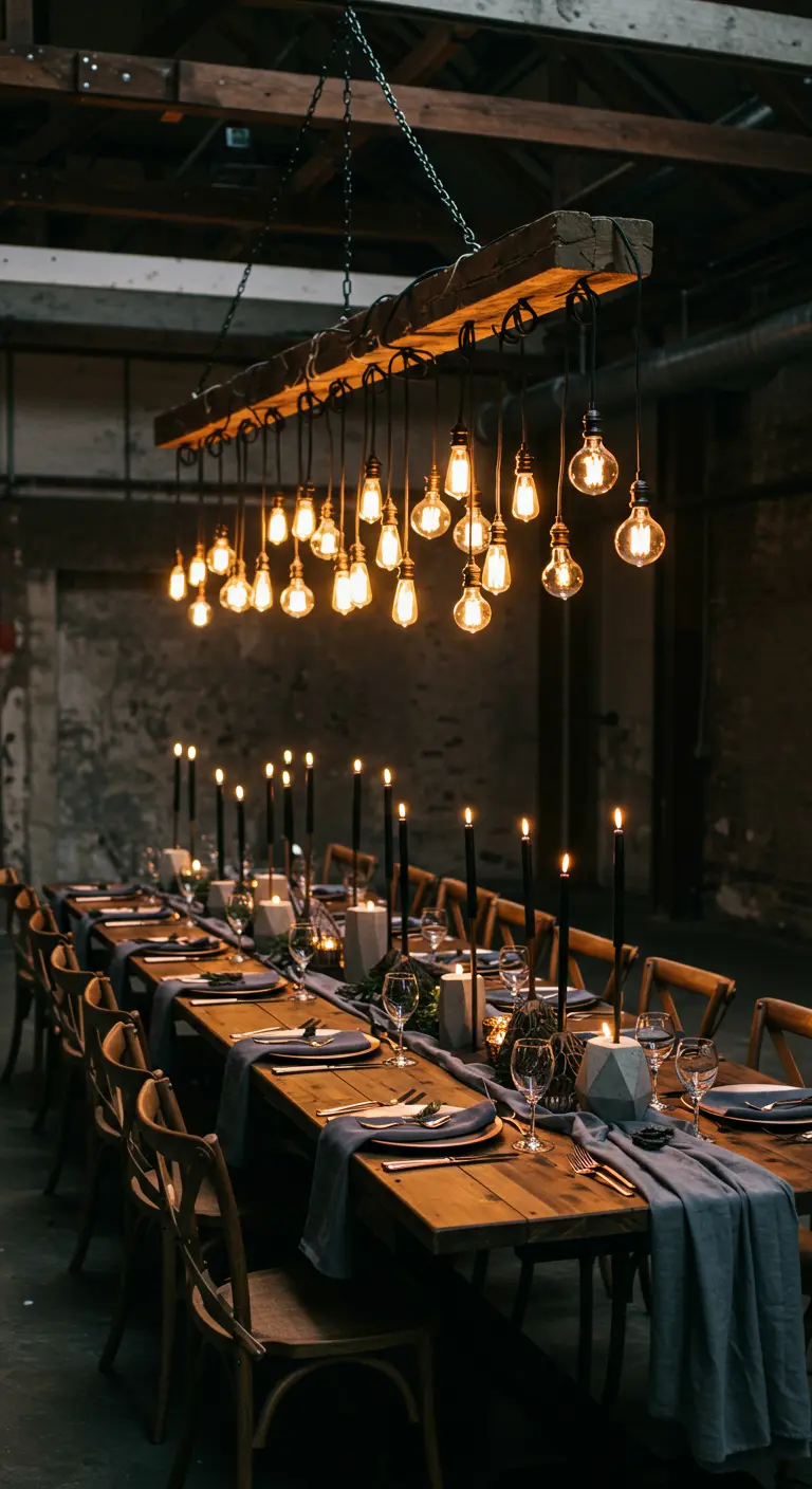 Lange Holztafel in dunkler Halle, beleuchtet von einem Holzbalken mit vielen Edison-Lampen