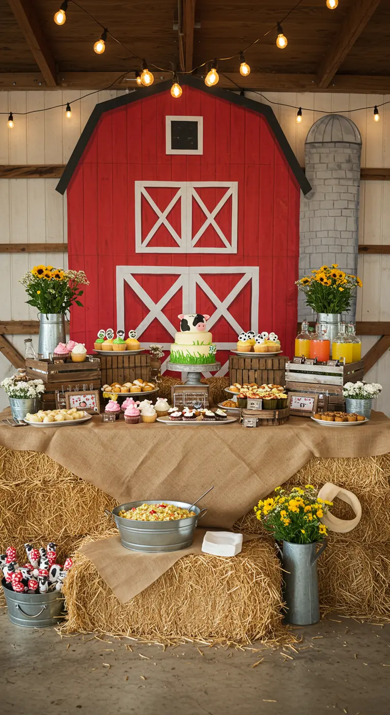 Bauernhof-Buffet vor einer roten Scheunenkulisse, mit Heuballen, Sackleinen und Sonnenblumen